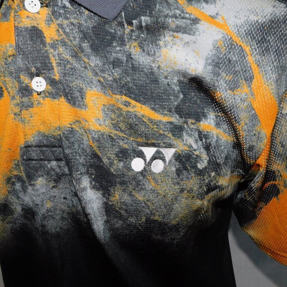 Yonex Mens L Orange black abstract print Badminton Polo Shirt Made in Japan - Picture 4 of 8